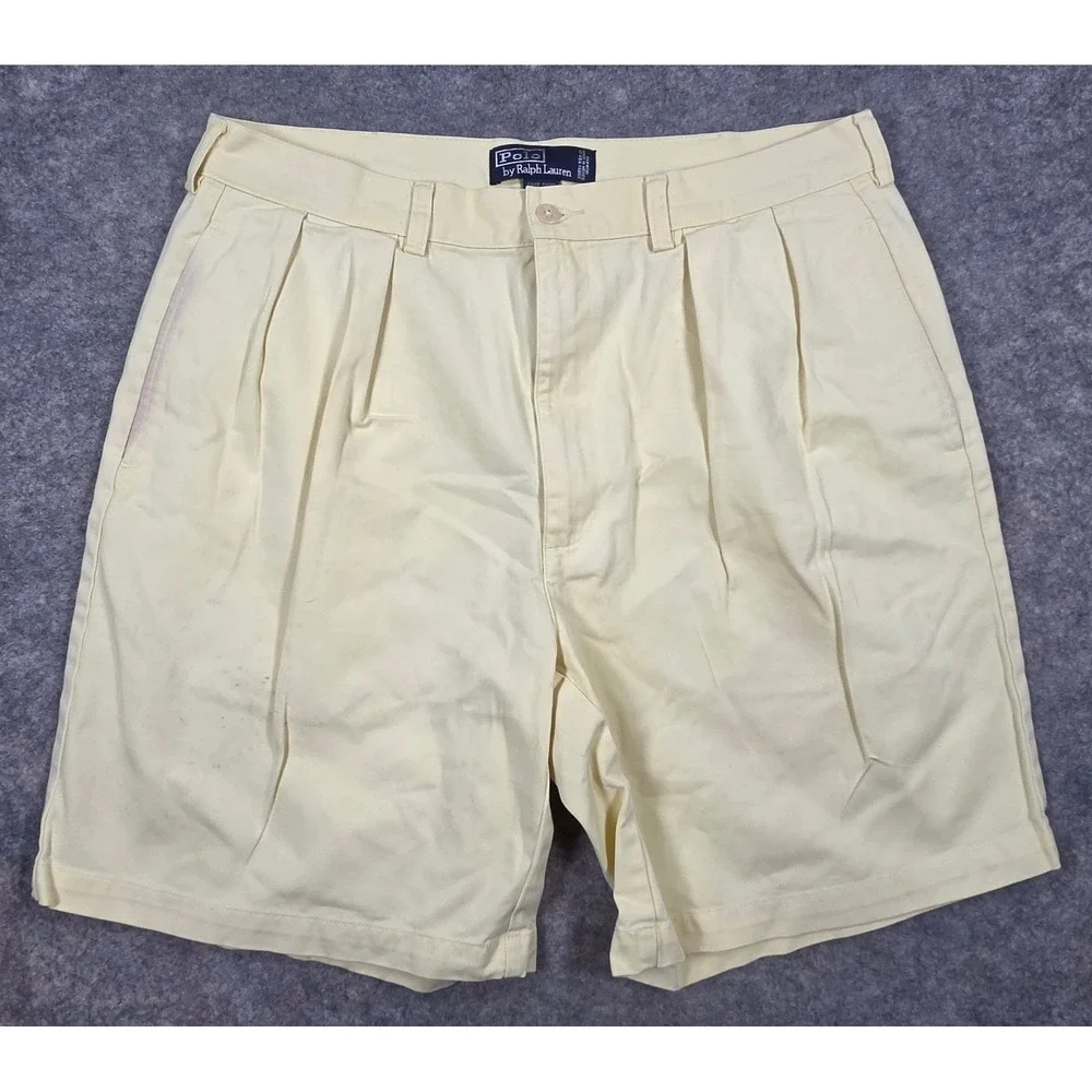 Polo Ralph Lauren Tyler Short Mens 36 Yellow Pleated Chino Shorts *Distressed*